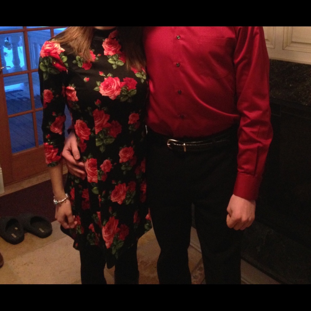 Black dress with pink and red flowers size Small.